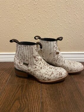 Women’s Stiefeld Ankle Booties in Brown & White Cowhide.